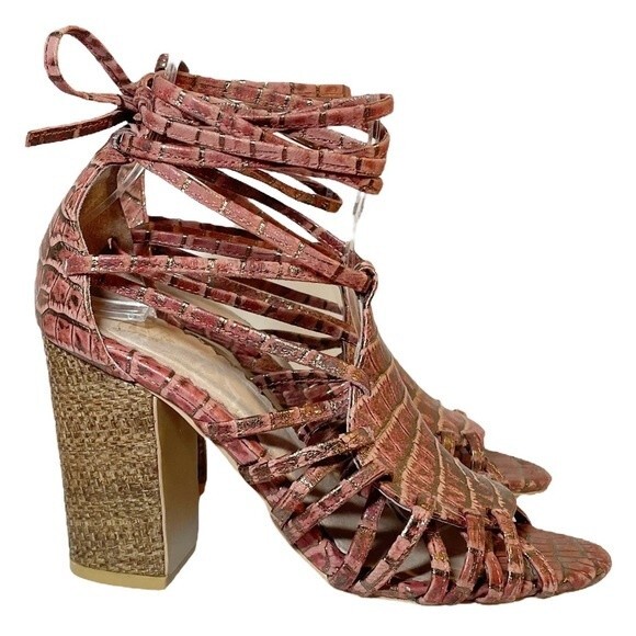 Anthropologie Miss Albright Ankle Wrap Strap Boho Sandals Blush Leather Size 6.5 - Picture 1 of 16
